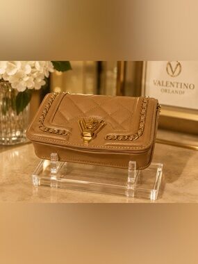 Valentino Orlandi Beige Quilted Crossbody with Gold Chain